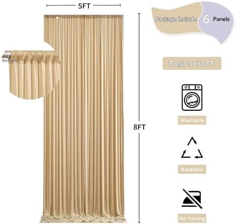 30 ft x 8 ft Thick Champagne Backdrop Curtain for Wedding Parties, 6 Panels 5 ft x 8 ft Wrinkle Free Polyester, alternate