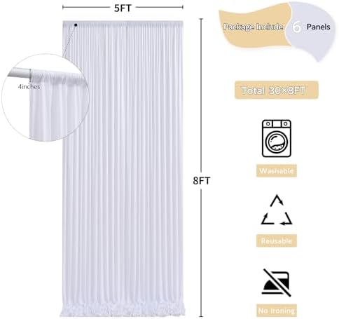 30 ft x 8 ft White Backdrop Curtain Drapes for Wedding Parties, 6 Panels 5 ft x 8 ft Wrinkle Free Polyester, alternate view 2
