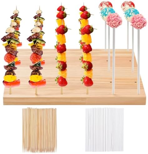 30 Holes Wooden Skewer Display Holder, Rectangle Fruit Kabobs Skewers Stand, Catering Appetizer Fruit Pick Stand