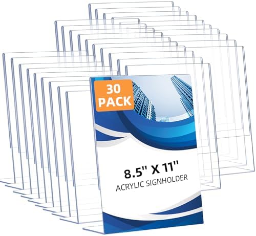 30 Pack Acrylic Sign Holder 8.5 x 11, Clear Plastic Display Stands for Tabletop, L-Shape Acrylic Stands for