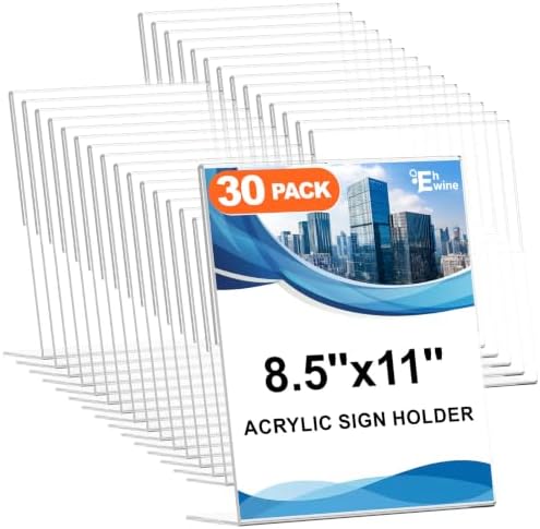 30 Pack Acrylic Sign Holder 8.5 x 11, L Shape Clear Plastic Display Stand, Slanted Back Picture Frame Menu Flyer