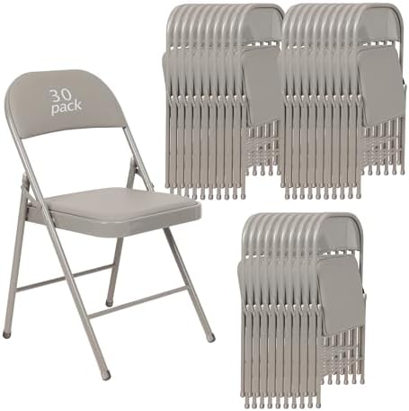 30 Pack Padded Folding Chairs, PU Leather Seat, 350 lb, Grey in Grey