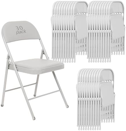 30 Pack Padded Folding Chairs, PU Leather Seat, 350 lb, White in White