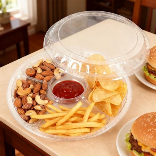 30 Pack Plastic Appetizer Trays with Lids, 6 Compartment Disposable Serving Platters for Party Snacks Fruits, alternate view