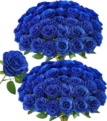 30 PCS Blue Roses Artificial Flowers, Fake Roses with Stem Realistic Silk Roses for Wedding Bouquets Table
