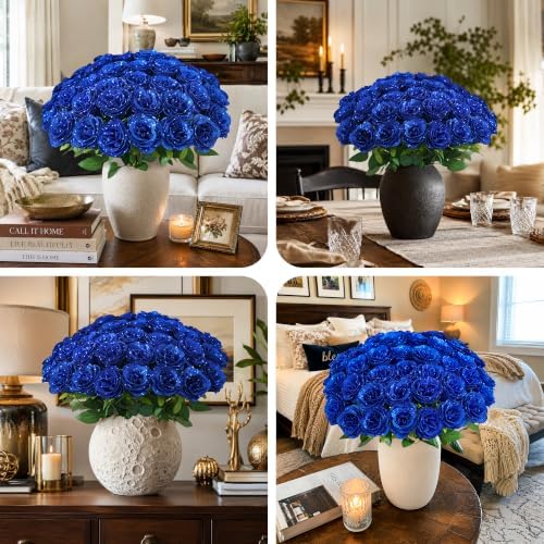 30 PCS Blue Roses Artificial Flowers, Fake Roses with Stem Realistic Silk Roses for Wedding Bouquets Table, alternate view 4