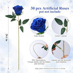 30 PCS Blue Roses Artificial Flowers, Fake Roses with Stem Realistic Silk Roses for Wedding Bouquets Table, alternate view 5