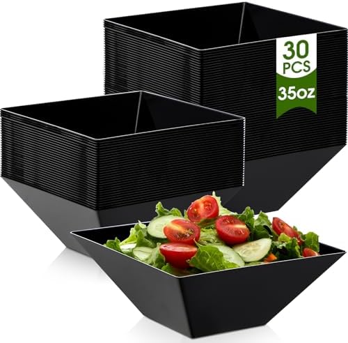 30 Pcs Square Plastic Bowls 35 oz Disposable, Black, Classic in approx. 35 oz in Black