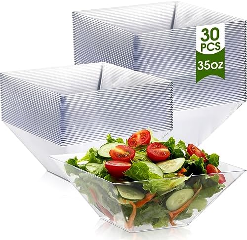 30 Pcs Square Plastic Bowls 35 oz Disposable, Clear, Classic in approx. 35 oz in Clear