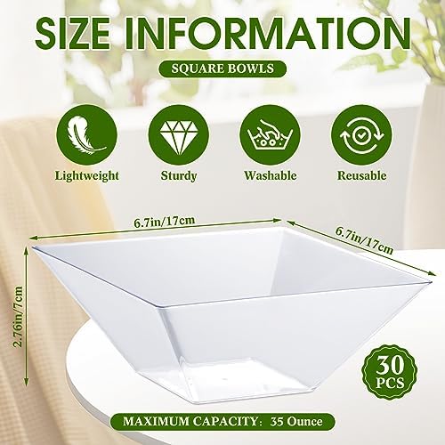 30 Pcs Square Plastic Bowls 35 oz Disposable, Clear, Classic in approx. 35 oz in Clear, alternate view 3