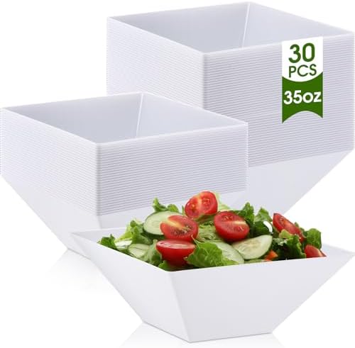 30 Pcs Square Plastic Bowls 35 oz Disposable, White, Classic in approx. 35 oz in White