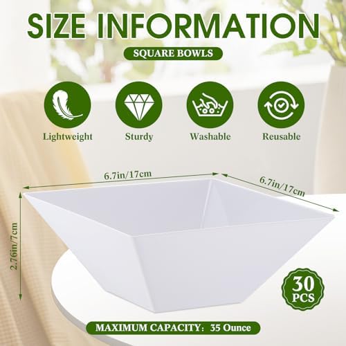 30 Pcs Square Plastic Bowls 35 oz Disposable, White, Classic in approx. 35 oz in White, alternate view 3