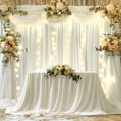 30 x 10ft Ivory Backdrop Curtains with Lights String for Party in W5' x H10'(6 panels) in Ivory