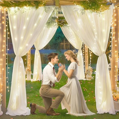 30 x 10ft Ivory Backdrop Curtains with Lights String for Party in W5' x H10'(6 panels) in Ivory, alternate view 2