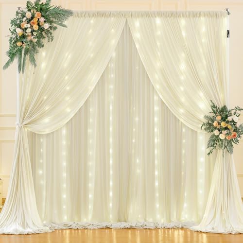 30 x 10ft Ivory Backdrop Curtains with Lights String for Party in W5' x H10'(6 panels) in Ivory, alternate view 3