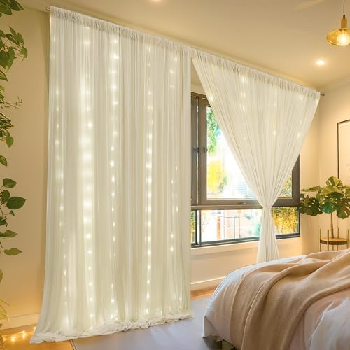 30 x 10ft Ivory Backdrop Curtains with Lights String for Party in W5' x H10'(6 panels) in Ivory, alternate view 7