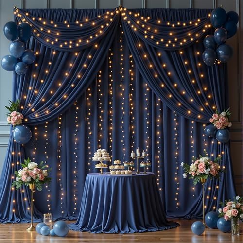 30 x 10ft Navy Blue Backdrop Curtains with Lights String in W5' x H10'(6 panels) in Navy Blue