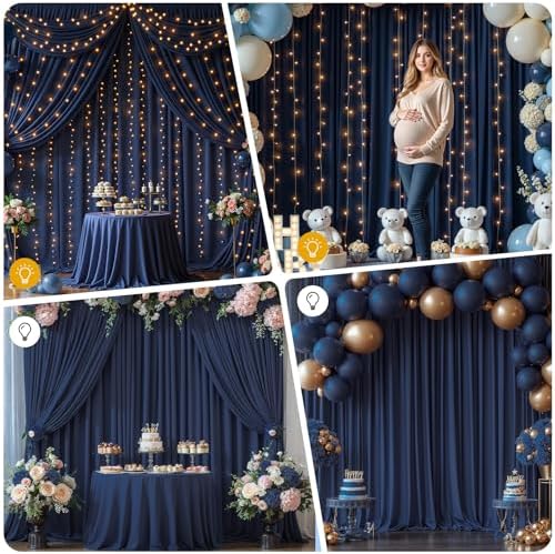 30 x 10ft Navy Blue Backdrop Curtains with Lights String in W5' x H10'(6 panels) in Navy Blue, alternate view 6