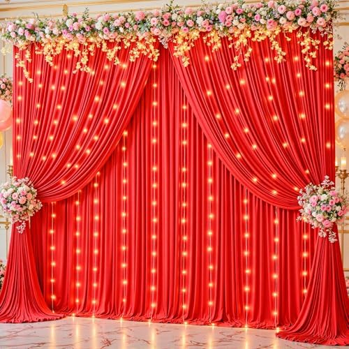 30 x 10ft Red Green Backdrop Curtains with Lights String in 30 x 10ft in Red