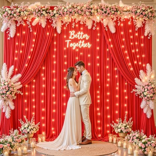 30 x 10ft Red Green Backdrop Curtains with Lights String in 30 x 10ft in Red, alternate view 2