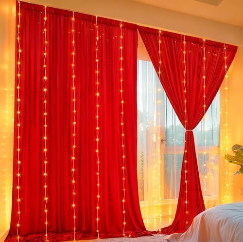 30 x 10ft Red Green Backdrop Curtains with Lights String in 30 x 10ft in Red, alternate view 5