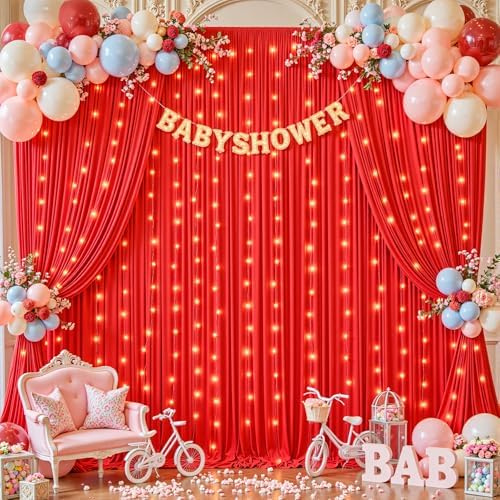 30 x 10ft Red Green Backdrop Curtains with Lights String in 30 x 10ft in Red, alternate view 6