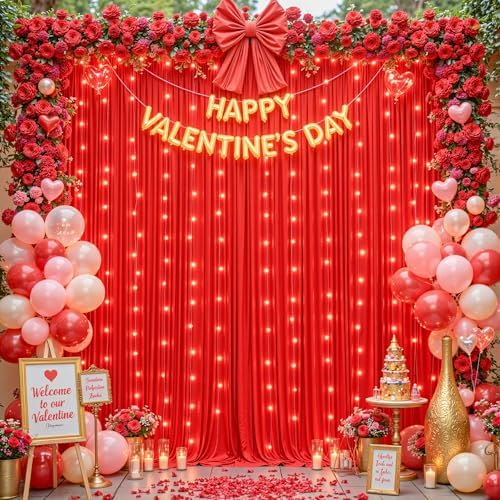 30 x 10ft Red Green Backdrop Curtains with Lights String in 30 x 10ft in Red, alternate view 7