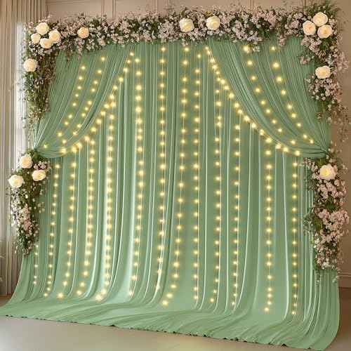 30 x 10ft Sage Green Backdrop Curtains with Lights String in 30 x 10ft in Sage Green, alternate view 2