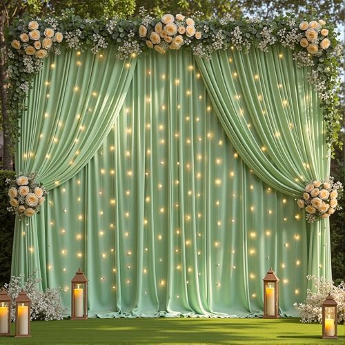 30 x 10ft Sage Green Backdrop Curtains with Lights String in 30 x 10ft in Sage Green, alternate view 7