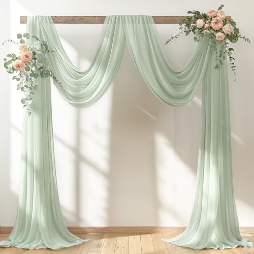 30" x 20Ft Wedding Arch Draping Fabric, 2 Panels Sage Green Sheer Curtain Drapes Extra Wide & Long Backdrop