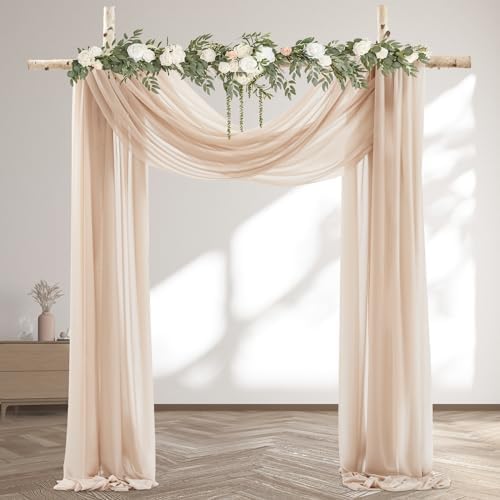 30" x 20Ft Wedding Arch Draping Fabric, 3 Panels Dark Champagne Sheer Curtain Drapes Extra Wide & Long Backdrop