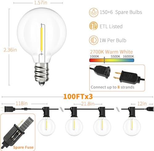 300 FT Outdoor String Lights for Outside Patio 156 Bulbs Waterproof, alternate view 4