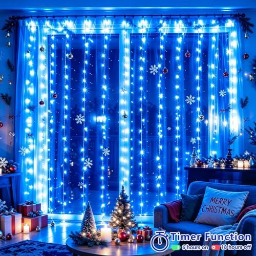 300 LED Blue Christmas Lights, Curtain Lights Plug in, 8 Modes Hanging String Lights for Bedroom Wall Window, alternate view