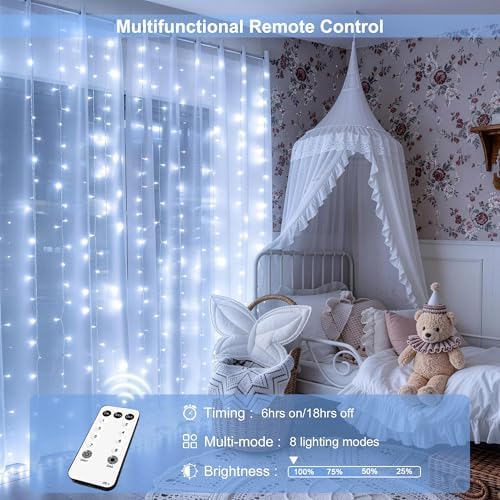 300 LED Curtain Lights, Indoor String Lights for Bedroom, White in White, alternate view 3