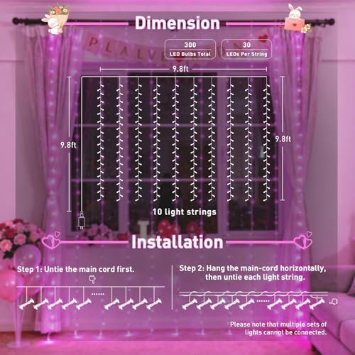 300 LED Curtain Lights, Pink String Lights for Bedroom, 9.8x9.8 ft in 9.8x9.8 ft, alternate view 5