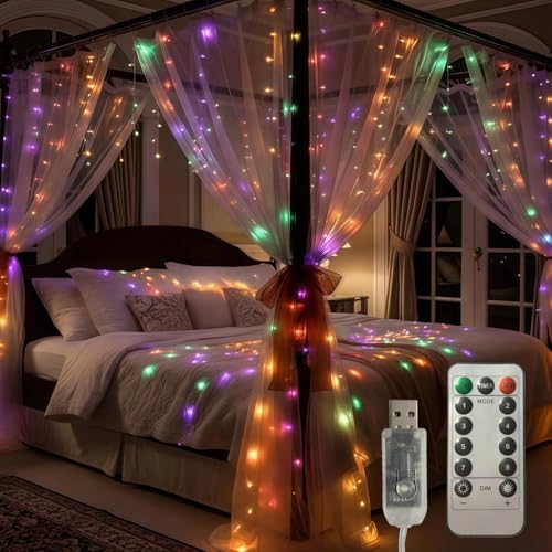 300 LED Curtain Lights, Remote Control Christmas Decorative Hanging String Lights, 8 Lighting Mode, USB Plug in