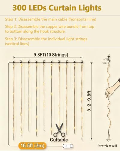 300 LED Curtain Lights, Remote Control Christmas Decorative Hanging String Lights, 8 Lighting Mode, USB Plug in, alternate