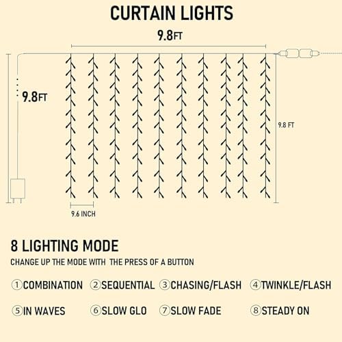 300 LED Curtain String Lights, Christmas Fairy Lights for Bedroom with 8 Lighting Modes, Connectable Waterproof, alternate