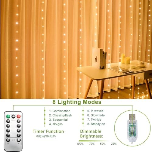 300 LED Curtain String Lights, Fairy String Lights with 8 Light Modes & Remote Controlled, 9.8x9.8ft Indoor, alternate view 3