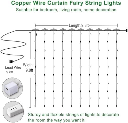 300 LED Curtain String Lights, Fairy String Lights with 8 Light Modes & Remote Controlled, 9.8x9.8ft Indoor, alternate view 6