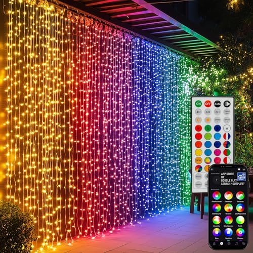 300 LED Curtain String Lights, RGB Color Changing Christmas Fairy Lights for Bedroom with Remote & APP Control