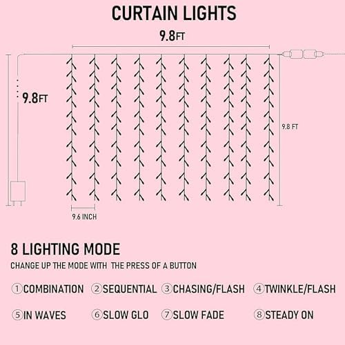 300 LED Curtain String Lights, Valentine's Day Fairy Lights for Bedroom with 8 Lighting Modes, Connectable, alternate view 2