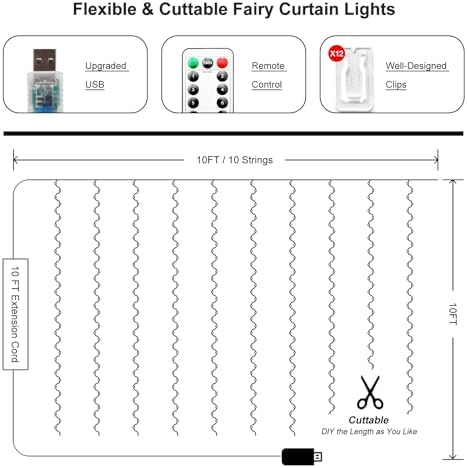 300 LED Fairy Curtain Lights, 9.8 x 9.8FT Cold White USB Plug in 8 Modes String Hanging Lights with Remote for, alternate