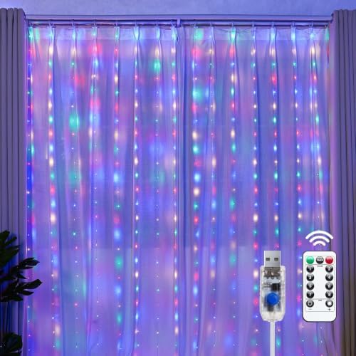 300 LED Fairy Curtain Lights, 9.8ft x 9.8ft Curtain String Lights in Multicolor