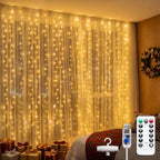 300 LED Fairy Curtain Lights, 9.8x9.8ft with Remote & 8 Modes, Warm White in 9.8x9.8ft in Warm White