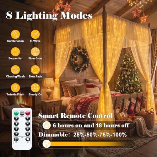 300 LED Fairy Curtain Lights, 9.8x9.8ft with Remote & 8 Modes, Warm White in 9.8x9.8ft in Warm White, alternate view 2