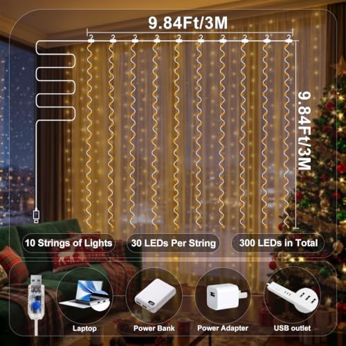 300 LED Fairy Curtain Lights, 9.8x9.8ft with Remote & 8 Modes, Warm White in 9.8x9.8ft in Warm White, alternate view 5