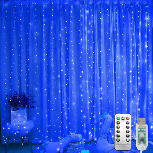 300 LED Fairy Lights, Twinkle Lights with 8 Light Modes, 9.8x9.8Ft Curtain String Lights Remote Control for