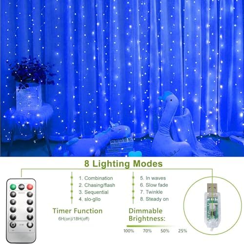 300 LED Fairy Lights, Twinkle Lights with 8 Light Modes, 9.8x9.8Ft Curtain String Lights Remote Control for, alternate view 4