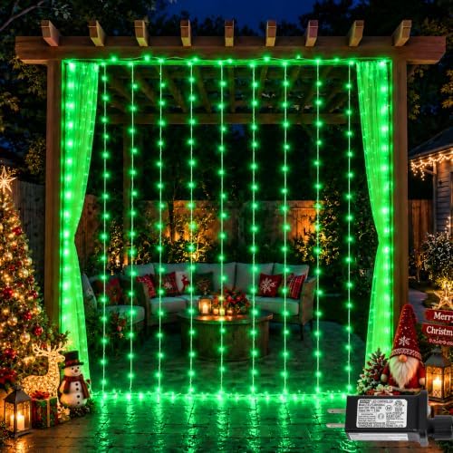 300 LED Green Curtain Lights, 9.8×9.8ft Halloween Curtain Lights with Plug in, 8 Modes Hanging String Lights for